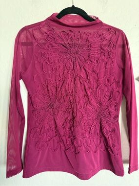 HELLO BEAUTIFUL Vintage Embroidered Purple/Fushia Top  - Sheer Sleeves - S/M